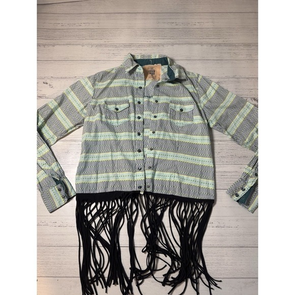 Timber June Tops - Timber June Western Pearl Snap Flannel Too Funky Homemade Fringe Teal Size Small